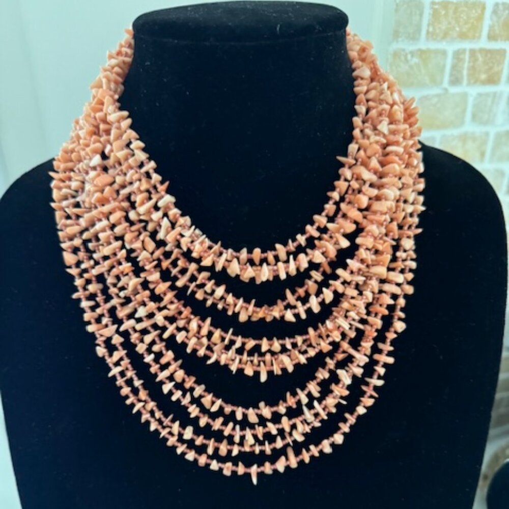 Jose & Maria Barrera Dyed coral Mother of Pearl Bib Necklace